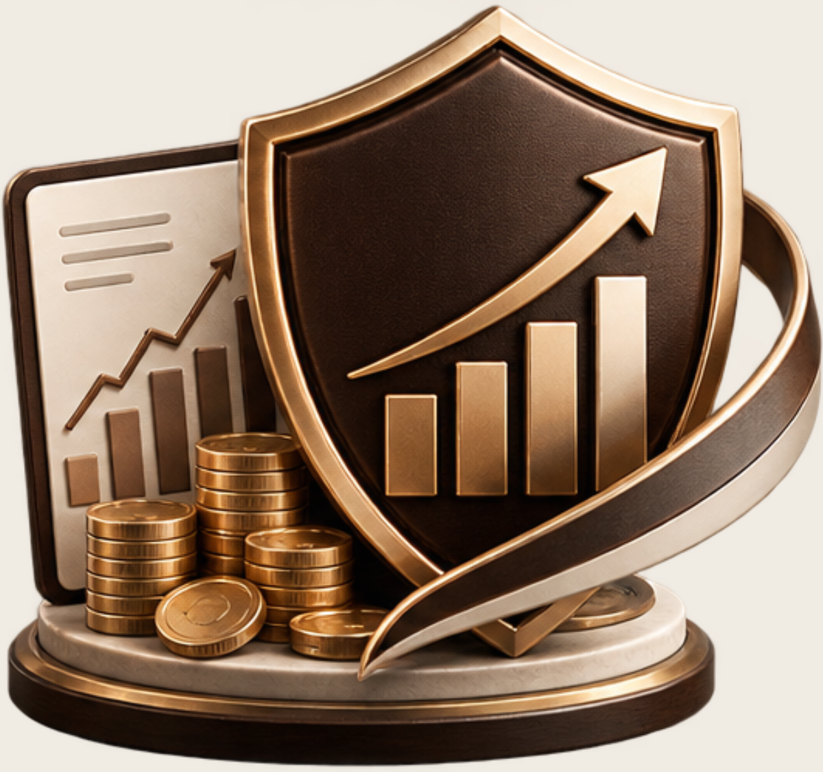 Shield showing upward trend market growth with gold coins next to it showing a visual representation of indexed universal life insurance