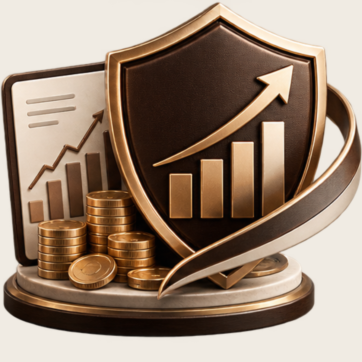 Shield showing upward trend market growth with gold coins next to it showing a visual representation of indexed universal life insurance